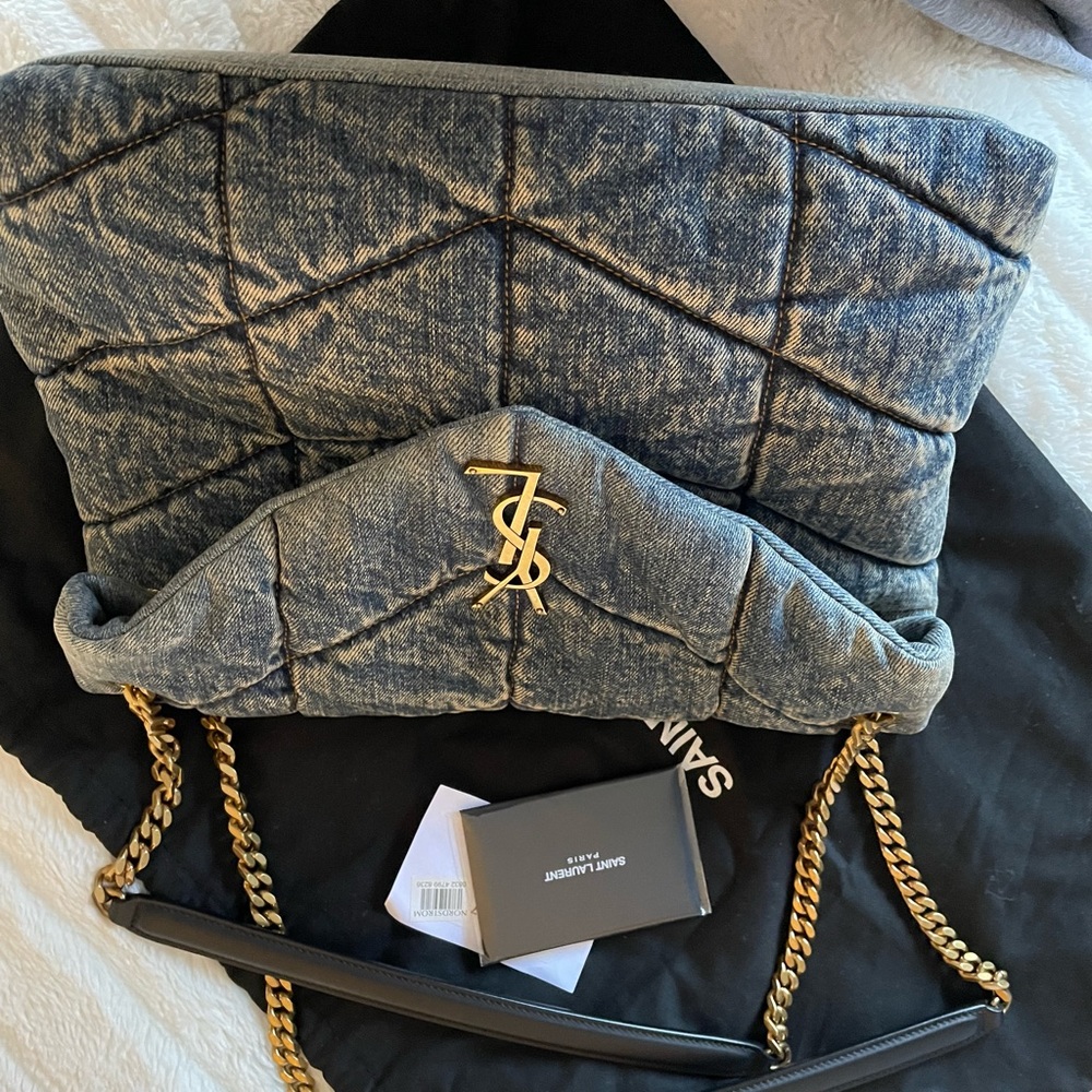 SOLD. YSL MEDIUM DENIM LOU LOU PUFFER BAG BRAND NEW TAGS DENIM BLUE GOLD HARDWAR - Picture 9 of 10